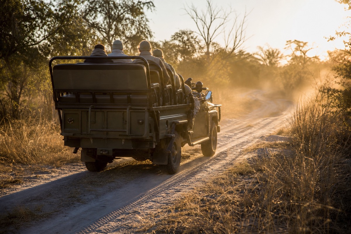 An open 4x4 on a morning game drive in the delta