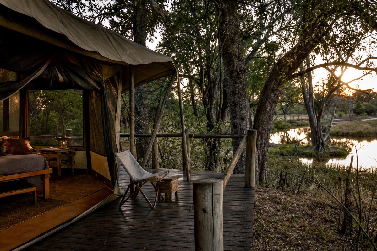Luxury tented safari camp under palm trees on a delta island in the Okavango, Botswana, at golden hour